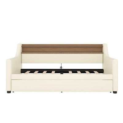 Twin Size Daybed with Trundle, Upholstered Daybed with Charging Station and LED Lights, White - Korvel