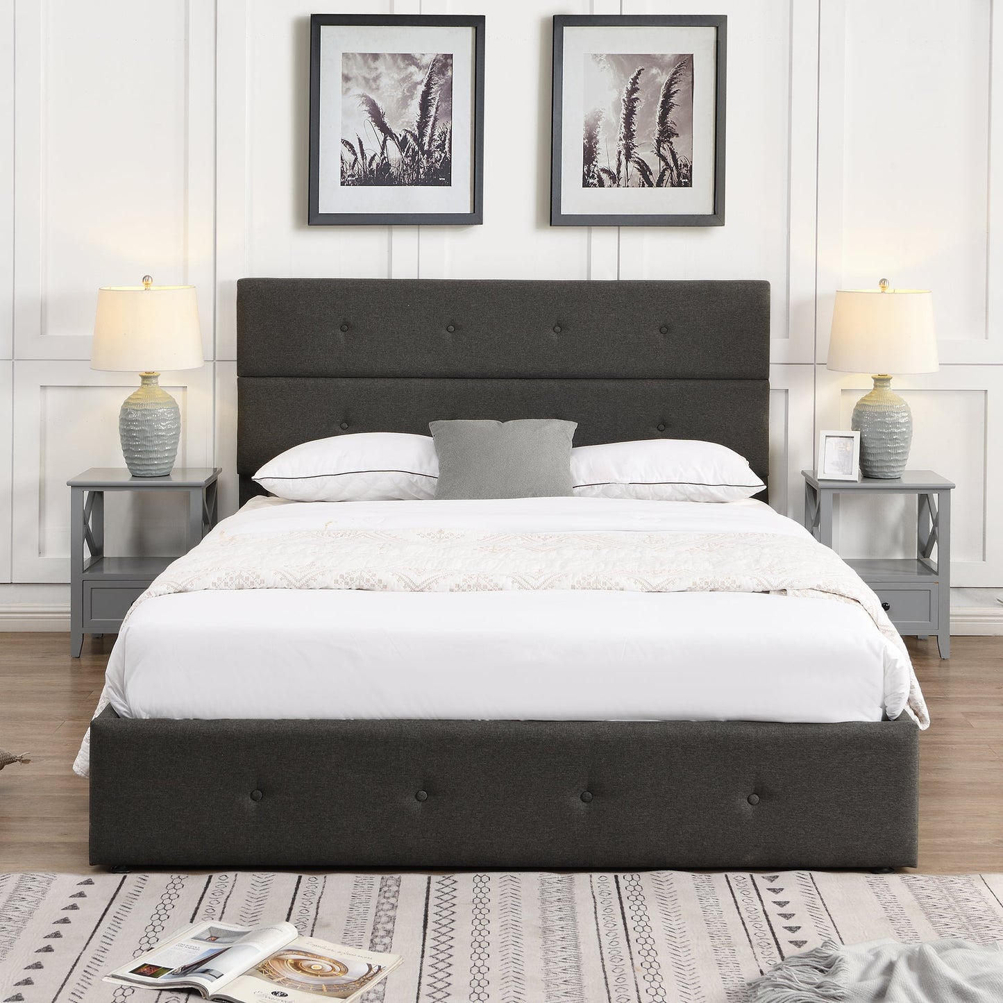 Lit plateforme queen rembourré avec rangement - Gris