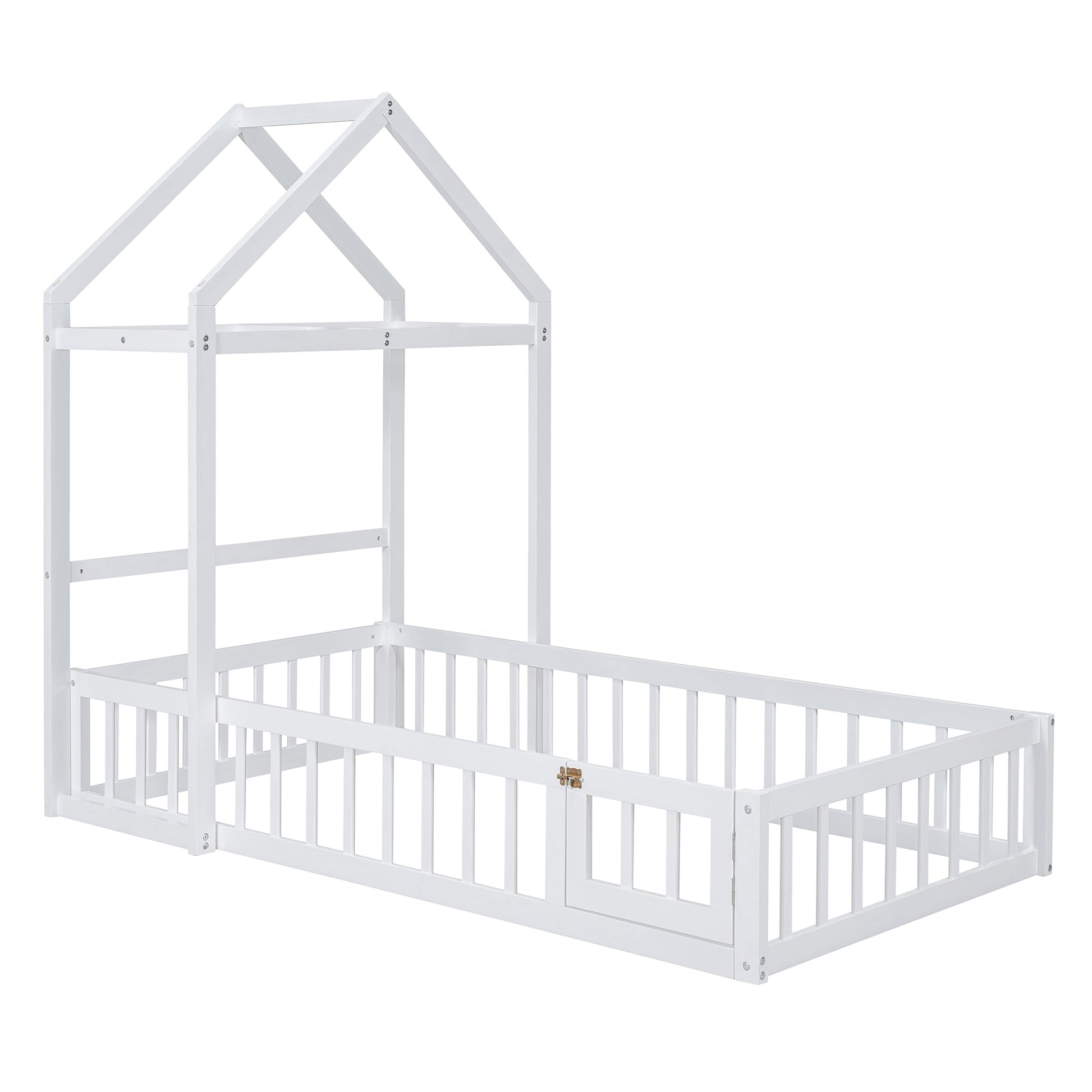 Wooden Twin Size Children's Bed with Detachable Headboard and Integrated Clothes Drying Rack, White - Korvel