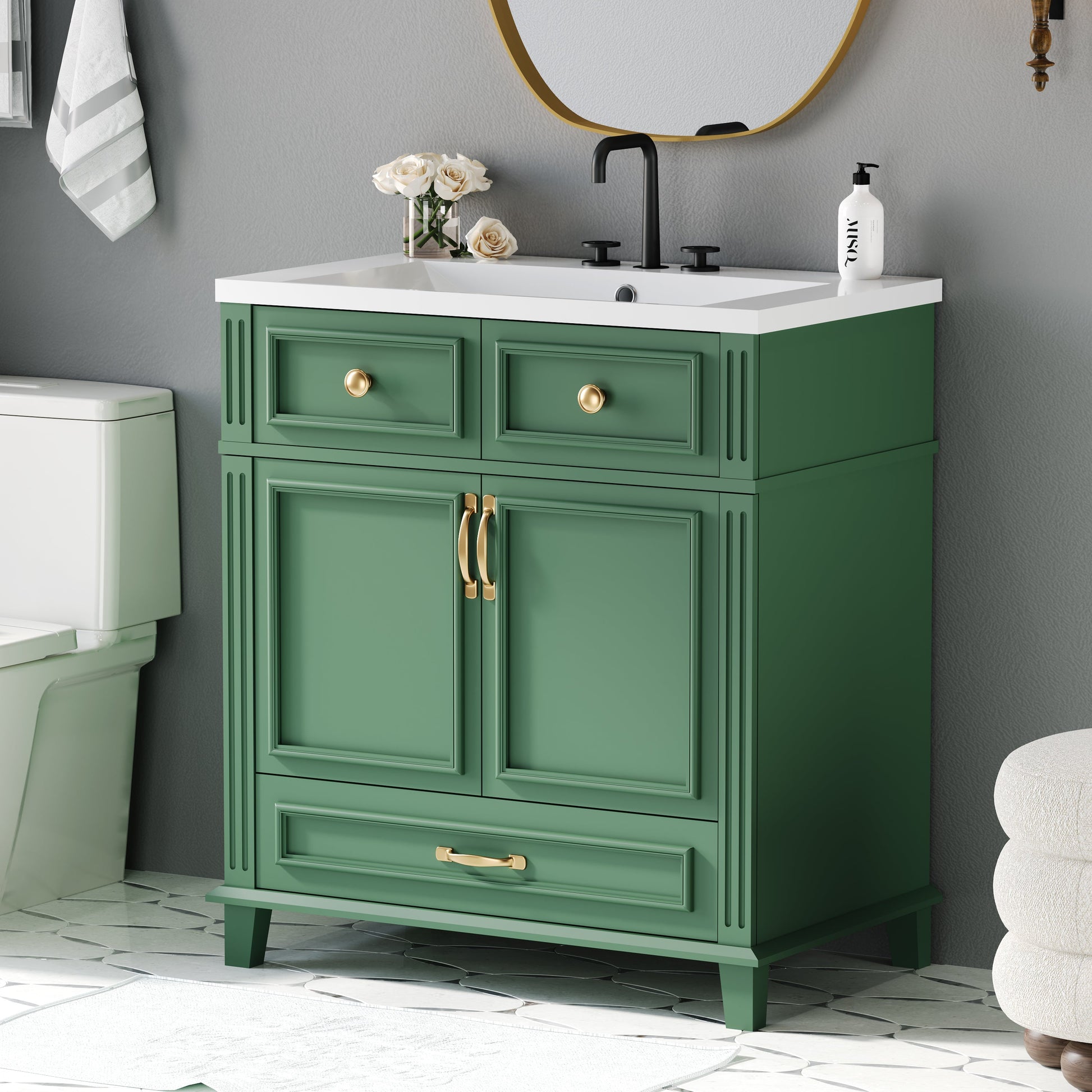 30 inch uncovered bathroom vanity with soft closed door, limited to solid wood frame bathroom storage cabinet green - Korvel