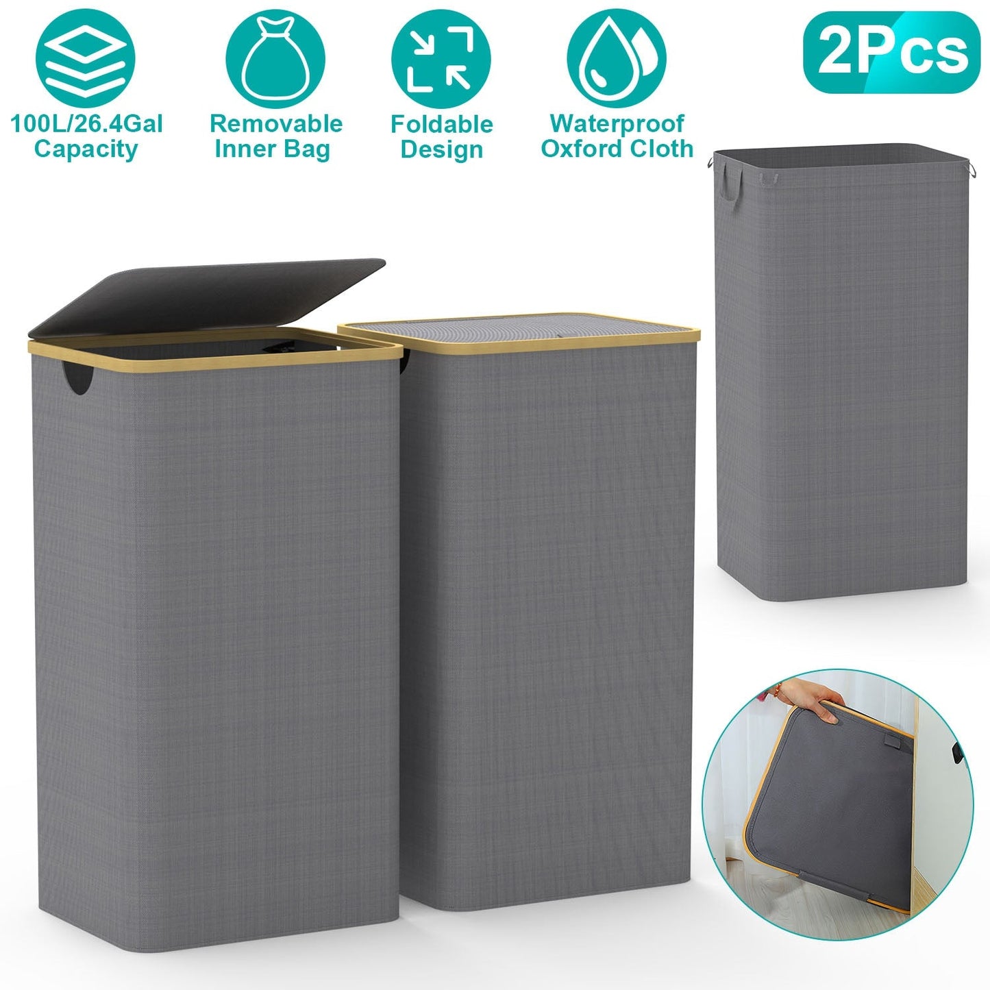 2-Pack Collapsible Laundry Hampers with Lid - 100L Capacity