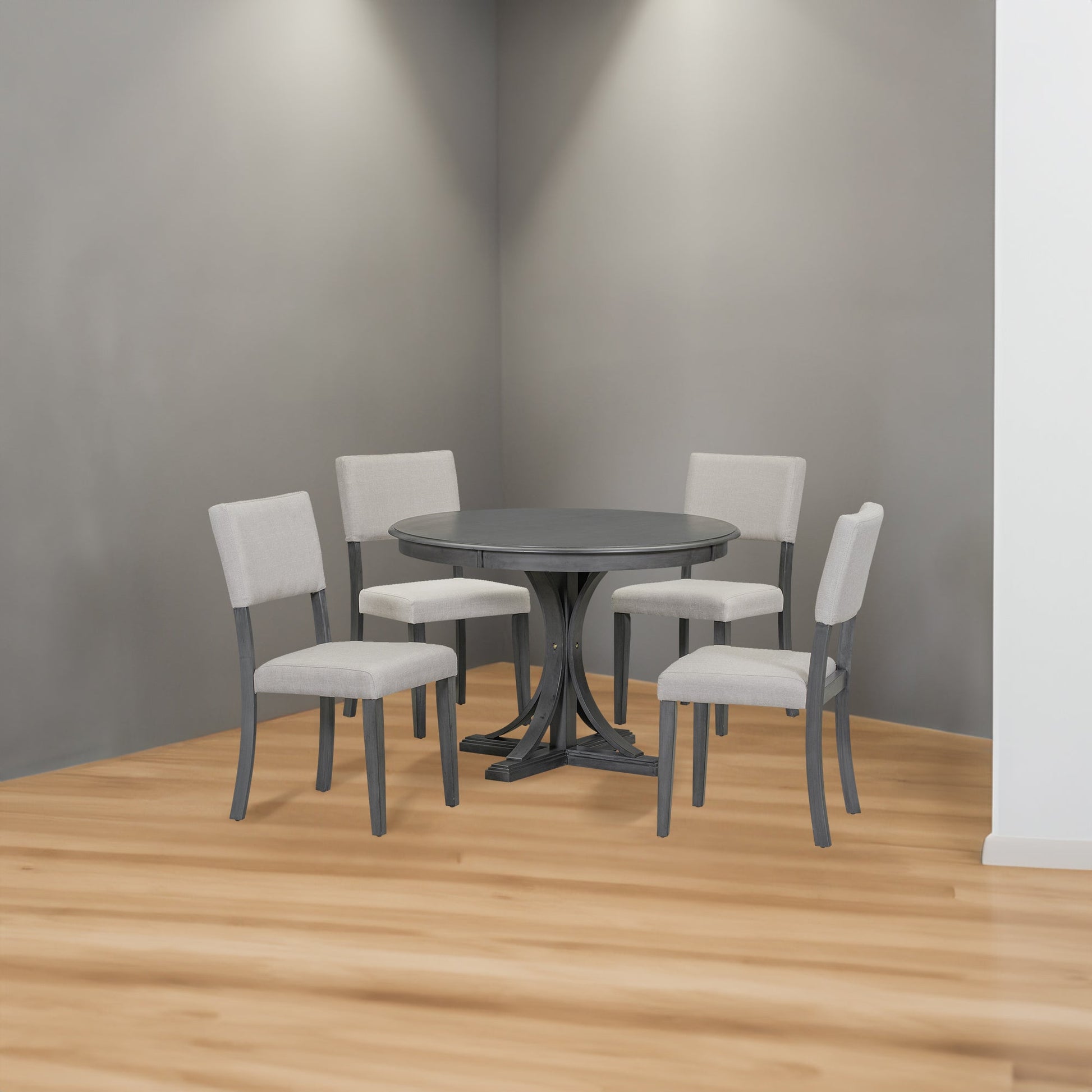 TREXM Five Piece Retro Round Dining Table Set with Curved Brackets and 4 Restaurant Cushioned Chairs (Dark Gray) - Korvel