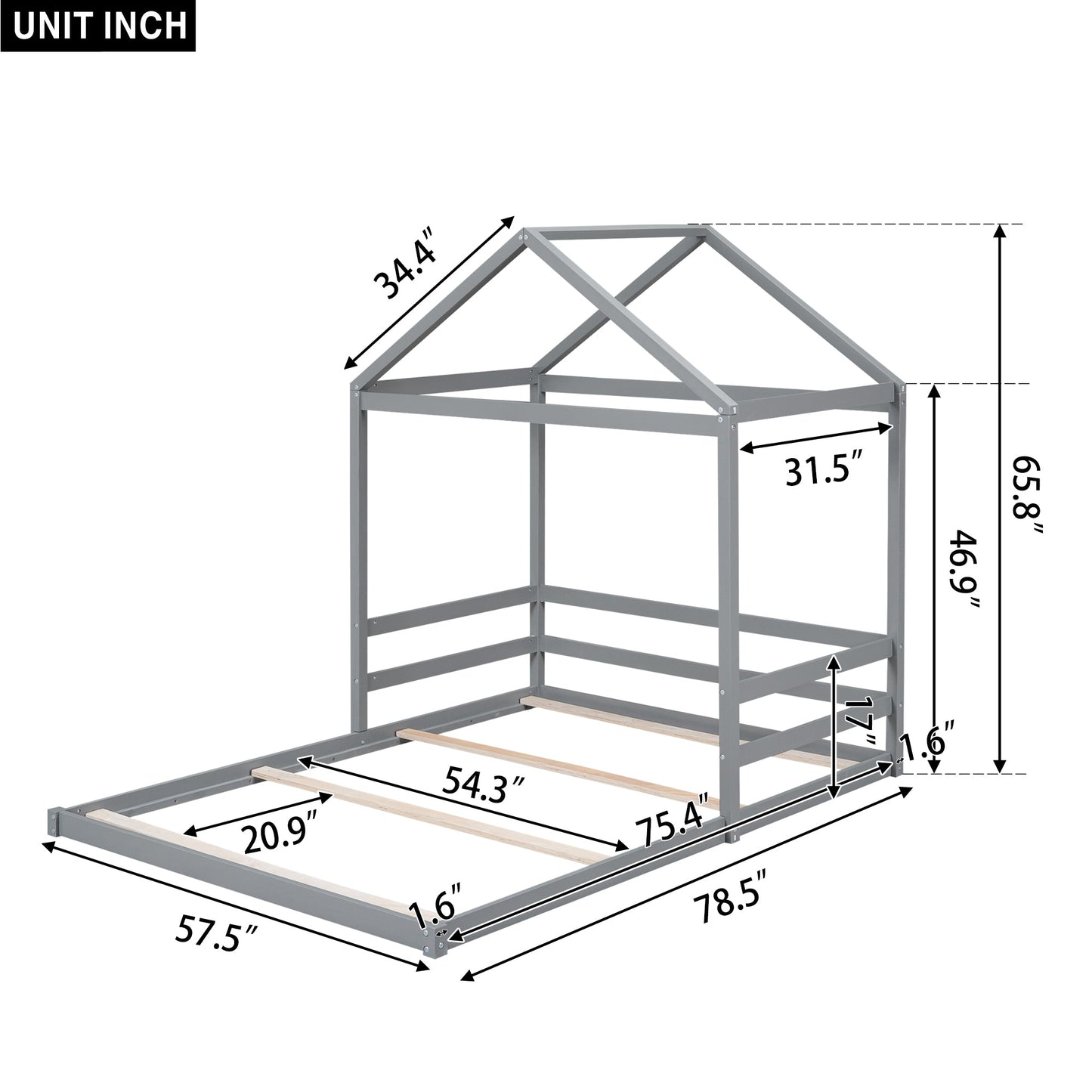 Wood Full Size House Bed with Guardrail, Grey - Korvel