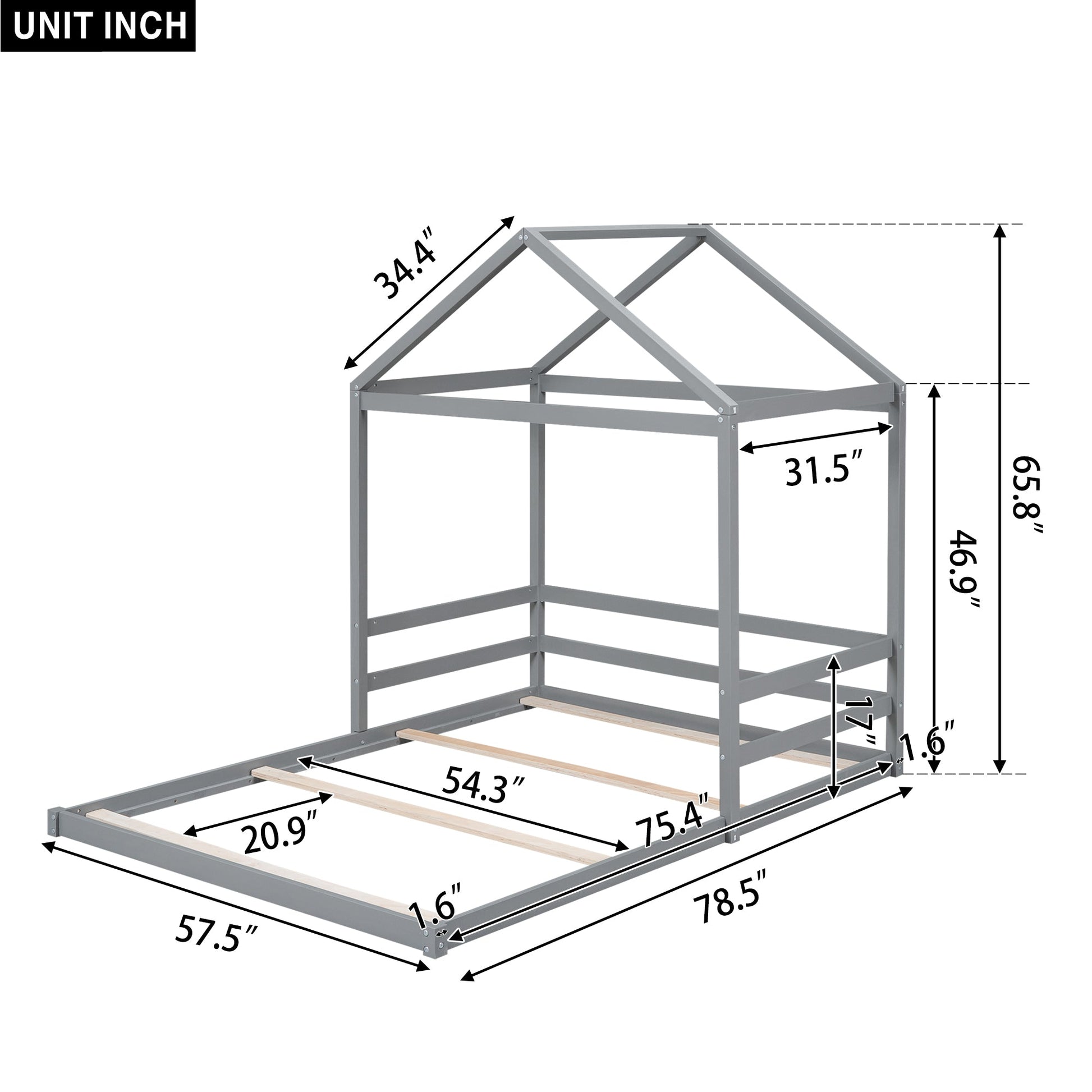 Wood Full Size House Bed with Guardrail, Grey - Korvel