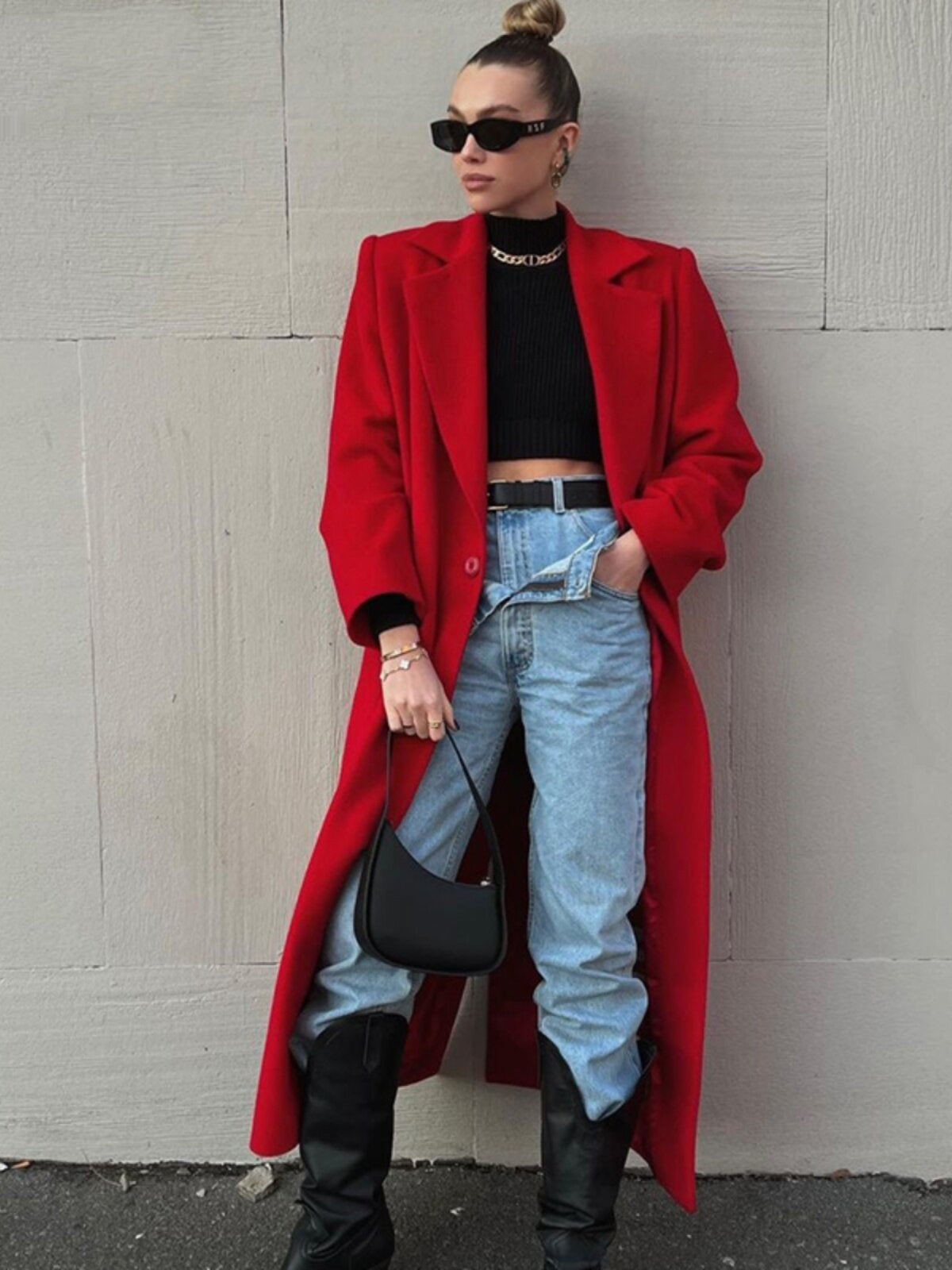 Extra-Long Dark Red Wool Coat for Women