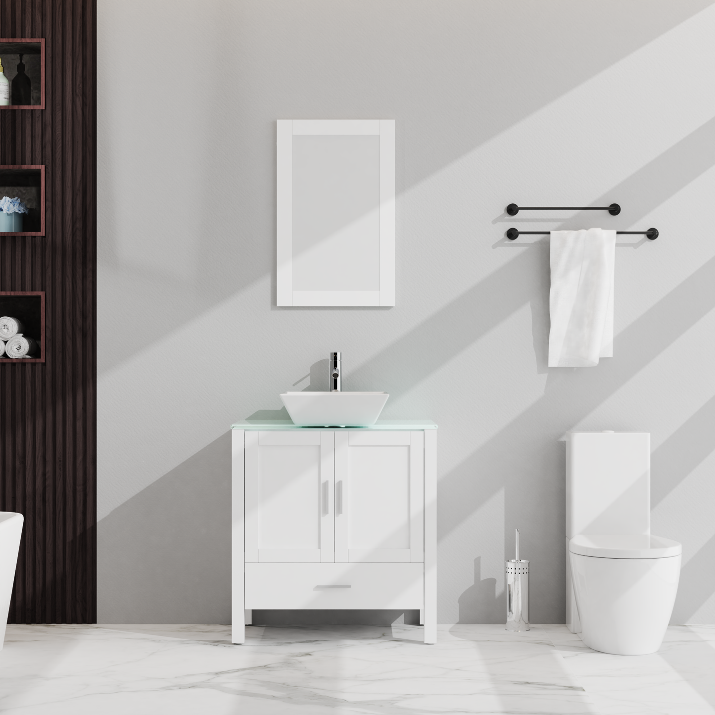 Goodyo 30" Bathroom Vanity and Sink Combo Glass Top Cabinet w/Mirror, White - Korvel