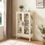 Dual door Curio cabinet with tempered glass door mirror back panel and adjustable shelf display cabinet with light bulbs, white - Korvel