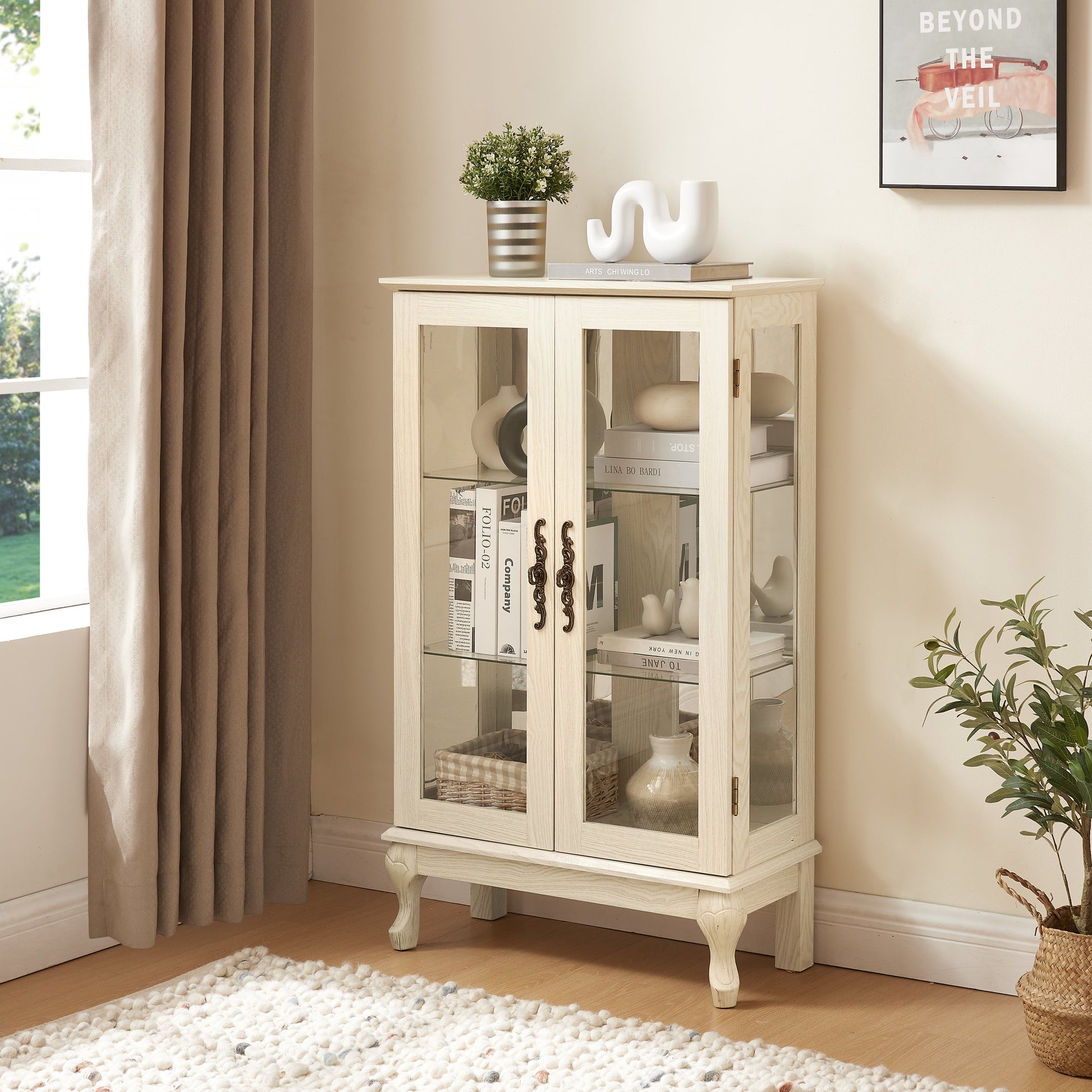 Dual door Curio cabinet with tempered glass door mirror back panel and adjustable shelf display cabinet with light bulbs, white - Korvel