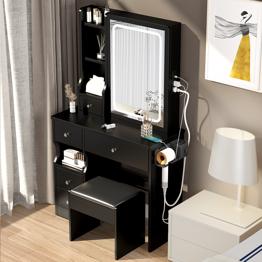 Left drawer desktop vanity+cushioned stool, 2 AC+2 USB power stations, touch sliding LED mirror, tri color switch - Korvel