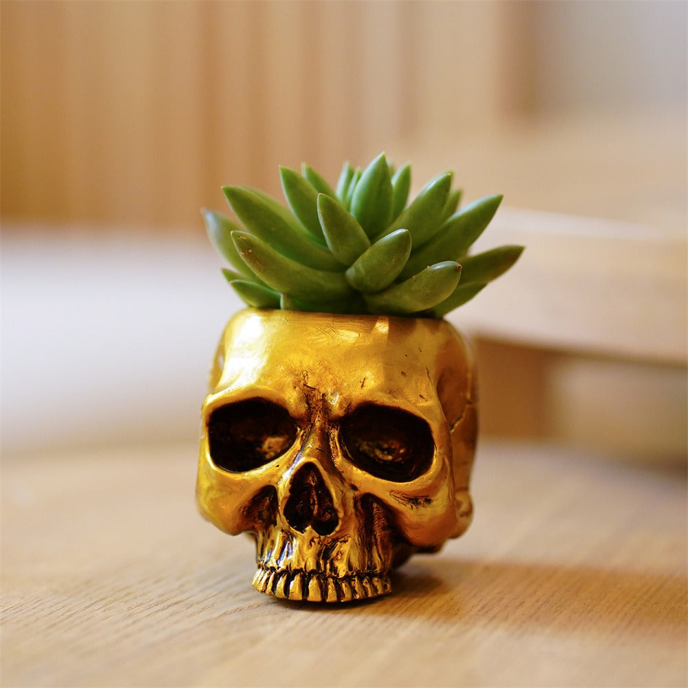 Small Golden Skull Decoration Desktop Small Storage succulent basin tabletop candle holder - Korvel