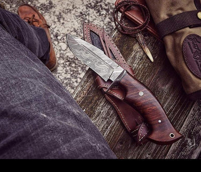 Premium Hunting Knife – 10" Handcrafted Damascus Steel Blade with Elegant Rosewood Handle & Leather Sheath - Korvel
