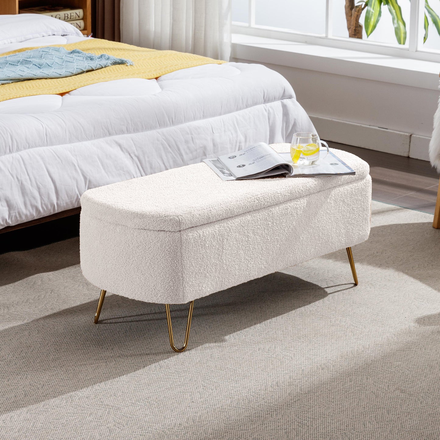 Ivory White Storage Ottoman Bench with Gold Legs
