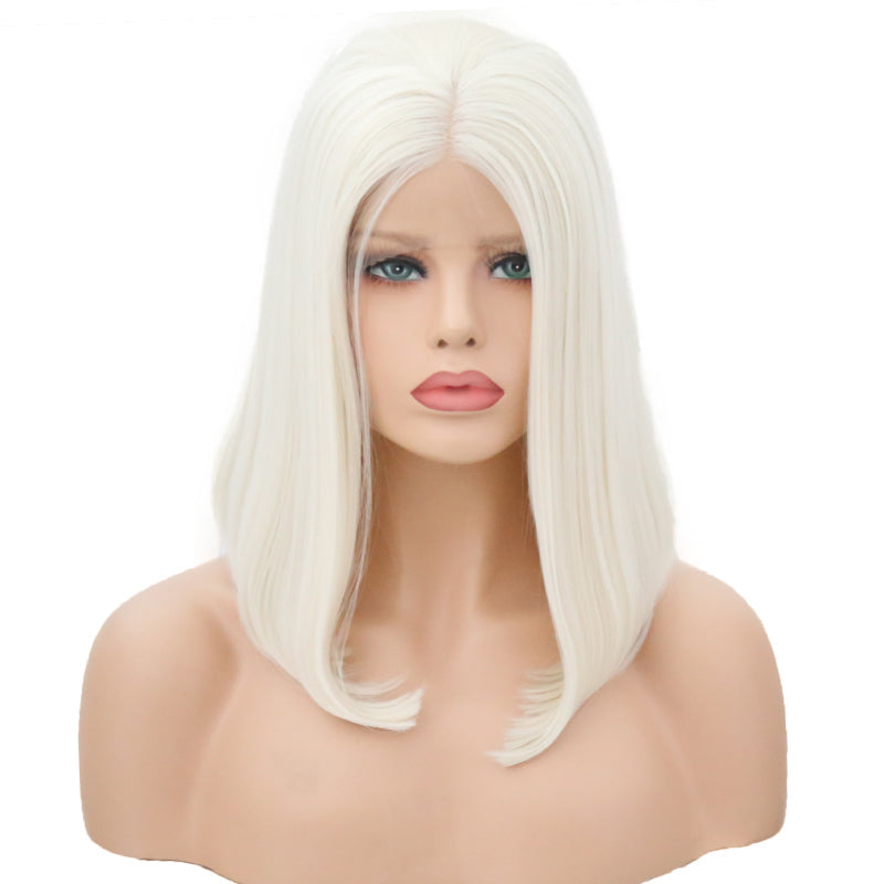 New Ladies 60# Front Lace Bobo Short Curly Lanting Pure White Hair Tail Slightly Curly Wig Headgear - Korvel