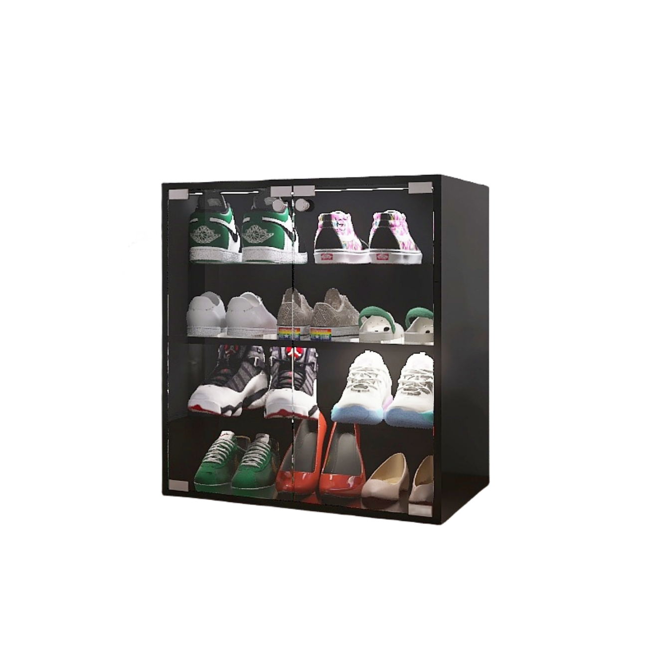 4 Layers Black Shoe Cabinet with Glass Door and Glass Layer Shoes Display Cabinet with LED light Bluetooth Control - Korvel