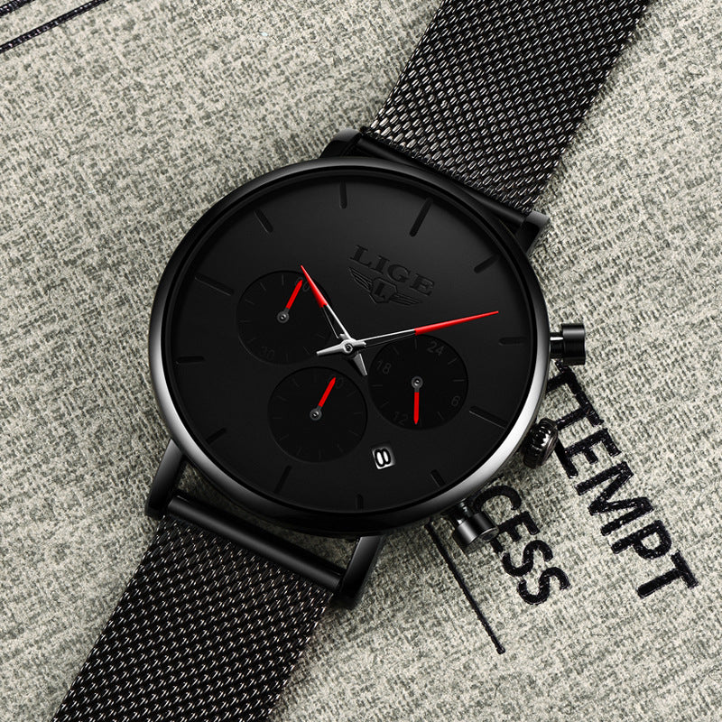 LIGE Men's Ultra Thin Multi-Functional Waterproof Quartz Watch