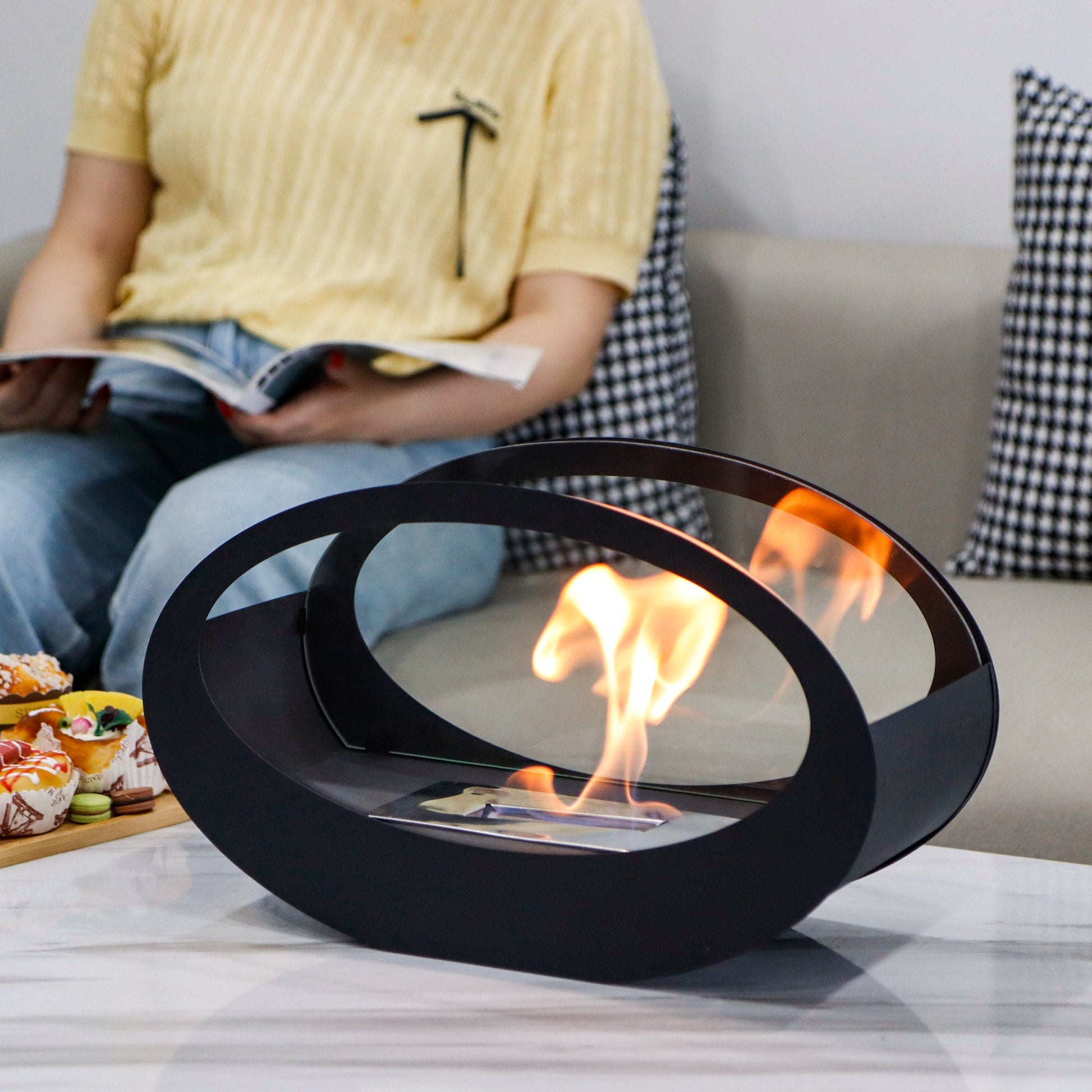 Alcohol fireplace real fire cruise ship oval glass tabletop fireplace metal storm heating wall - Korvel