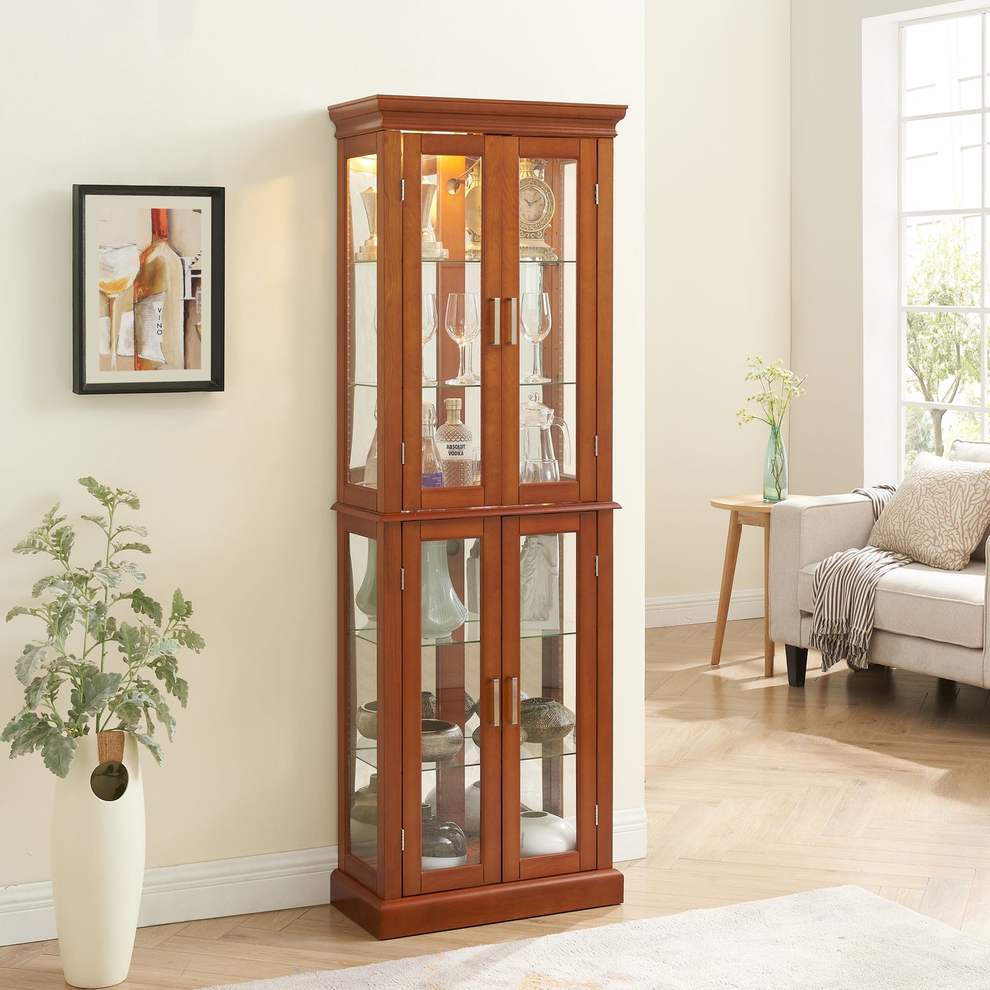 Elegant Walnut Lighting Curio Cabinet with Adjustable Shelves