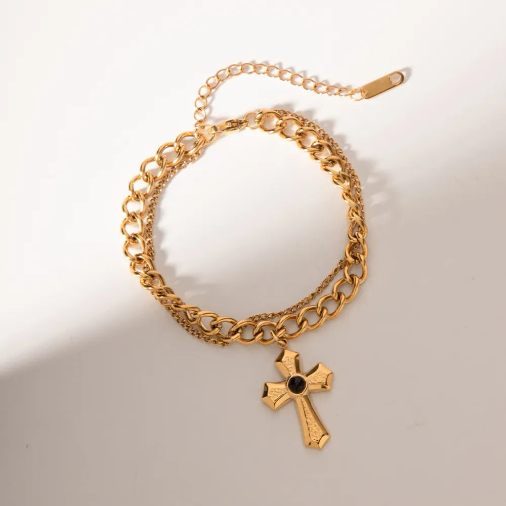 Stainless Steel Imitation Gemstone Cross Pendant Bracelet