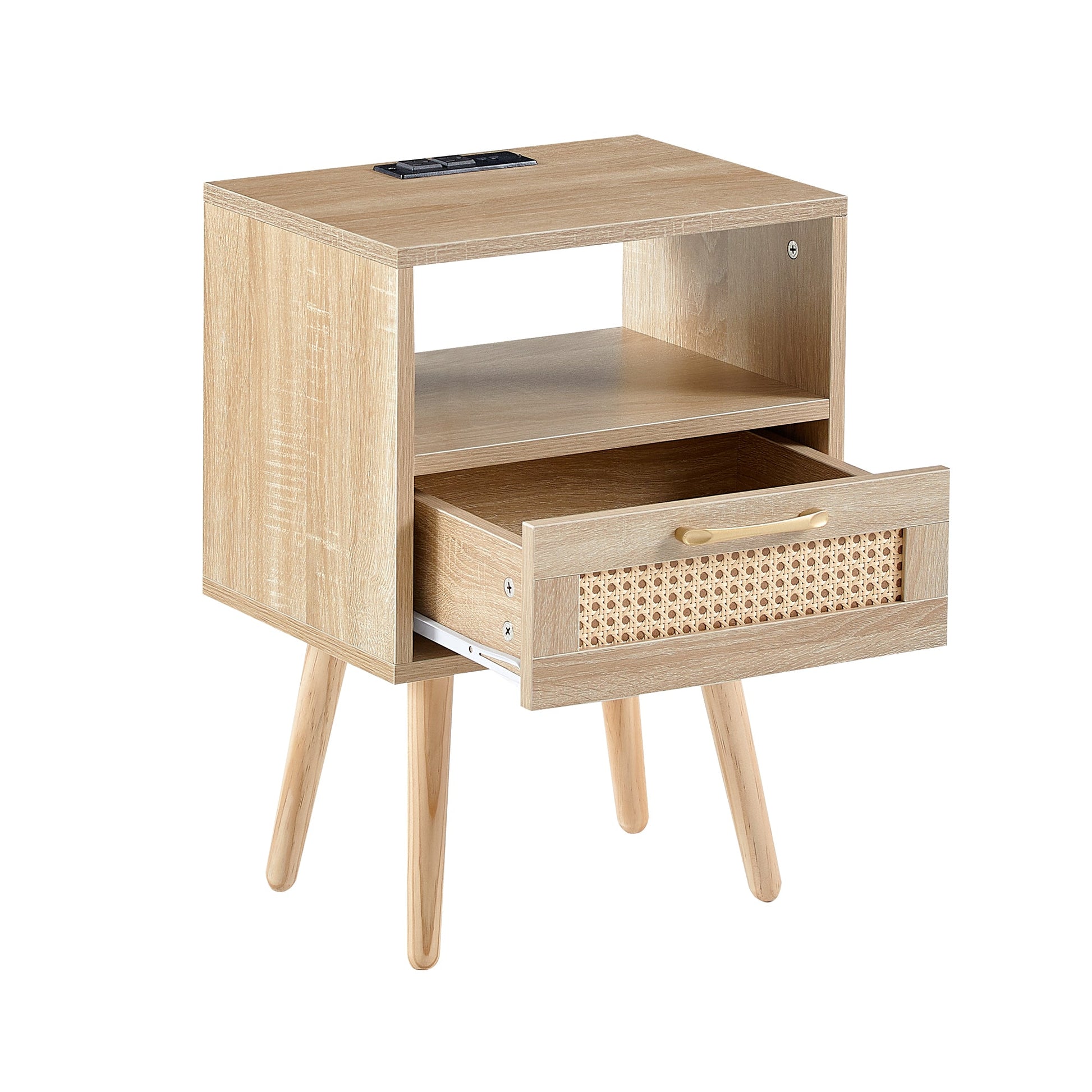 15.75" Rattan End table with Power Outlet & USB Ports  Modern nightstand with drawer and solid wood legs - Korvel