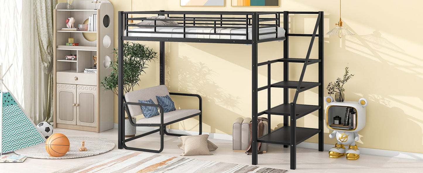 Twin Size Metal Loft Bed with Bench and Storage Staircase  Black - Korvel