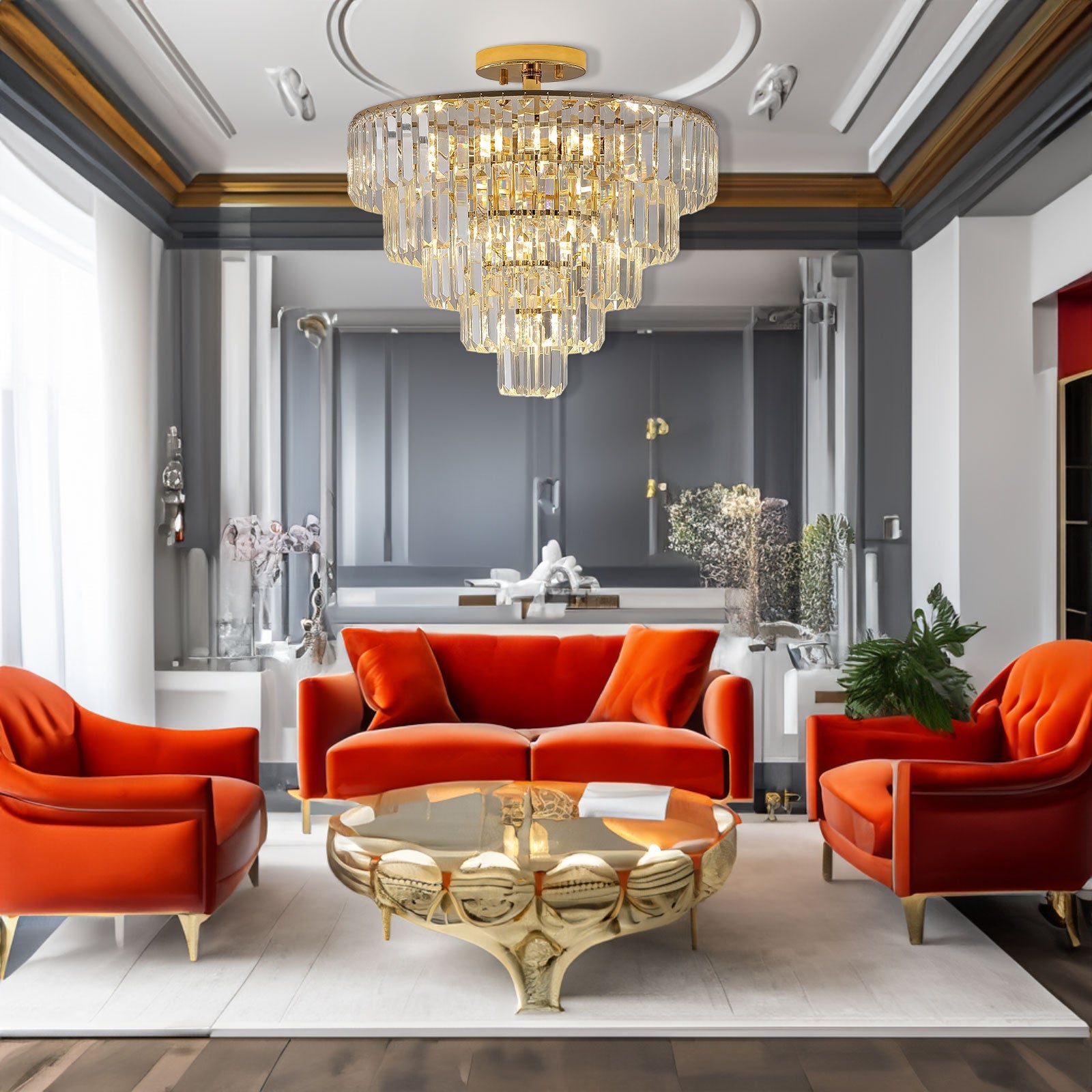 Gold Crystal Chandeliers,5-Tier Round Semi Flush Mount Chandelier Light Fixture,Large Contemporary Luxury Ceiling Lighting - Korvel