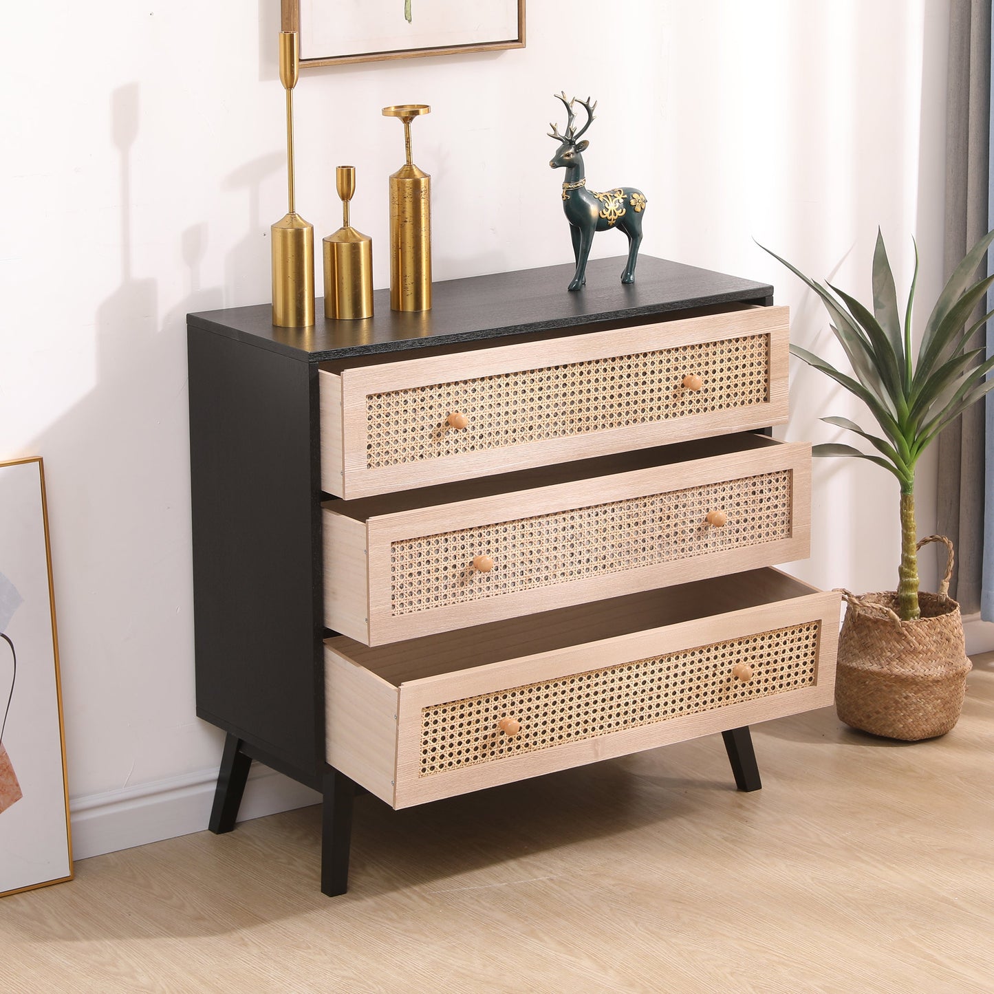 31.5 "3-Drawers Rattan Storage Cabinet Rattan Drawer,for Bedroom,Living Room,Natural drawer and black panel - Korvel