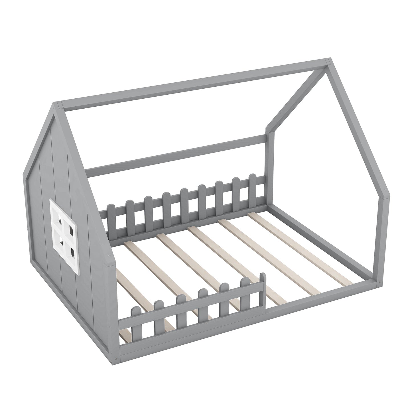 Full Size Wood House Bed with Window and Fence  Gray - Korvel