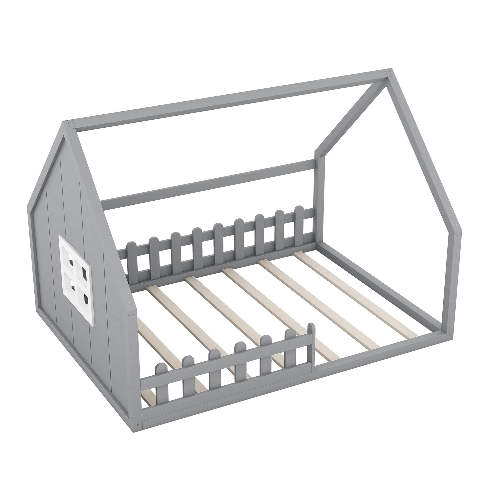 Full Size Wood House Bed with Window and Fence  Gray - Korvel