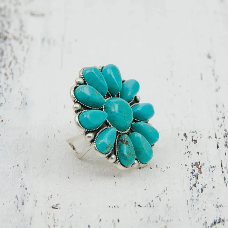 Artificial Turquoise Alloy Flower Ring - Korvel