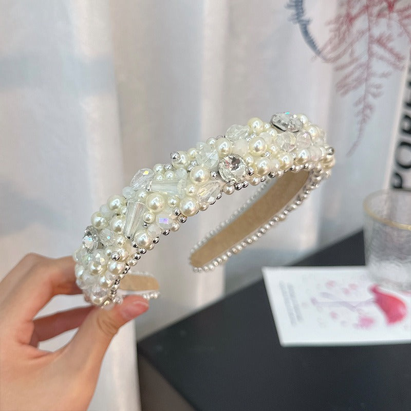 New handmade beaded crystal pearl retro exaggerated internet celebrity hot selling thin edge hair accessories - Korvel