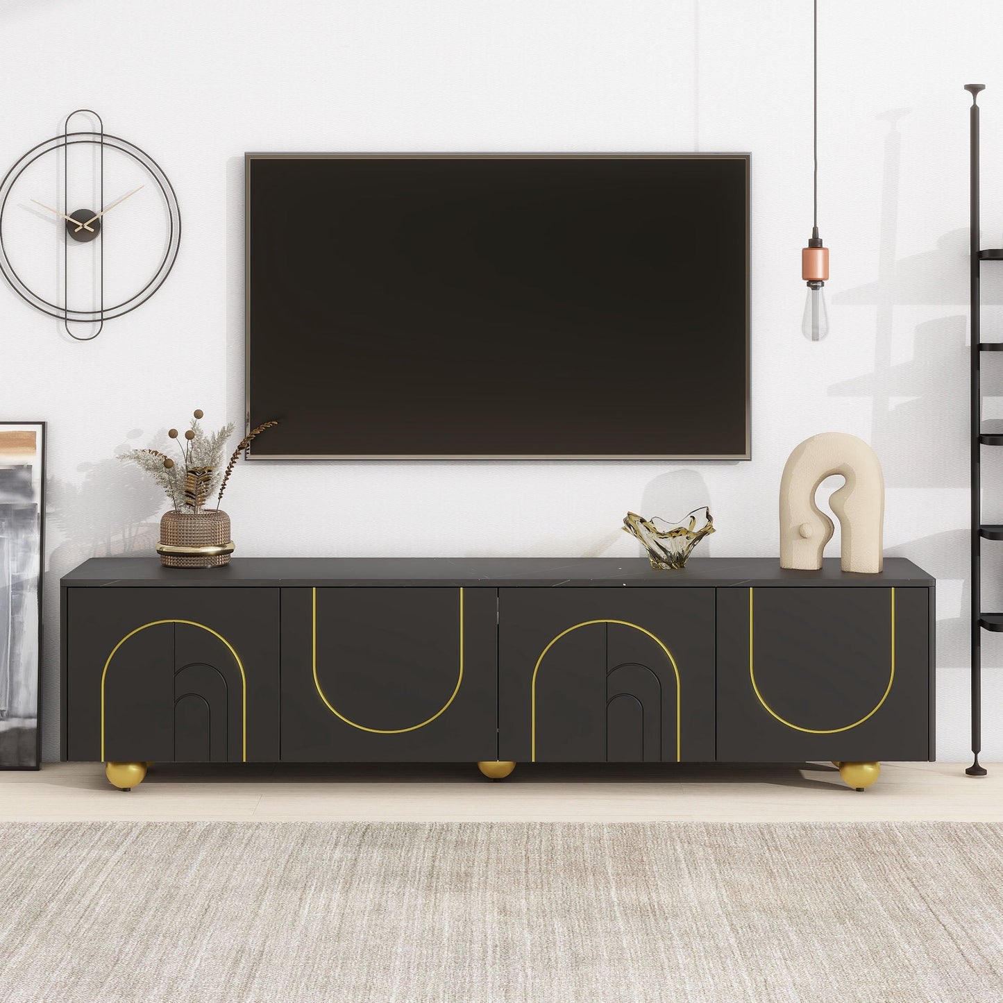 U-Can modern TV stand is suitable for TVs under 75 inches and comes with a storage cabinet top marble pattern and circular stand - Korvel