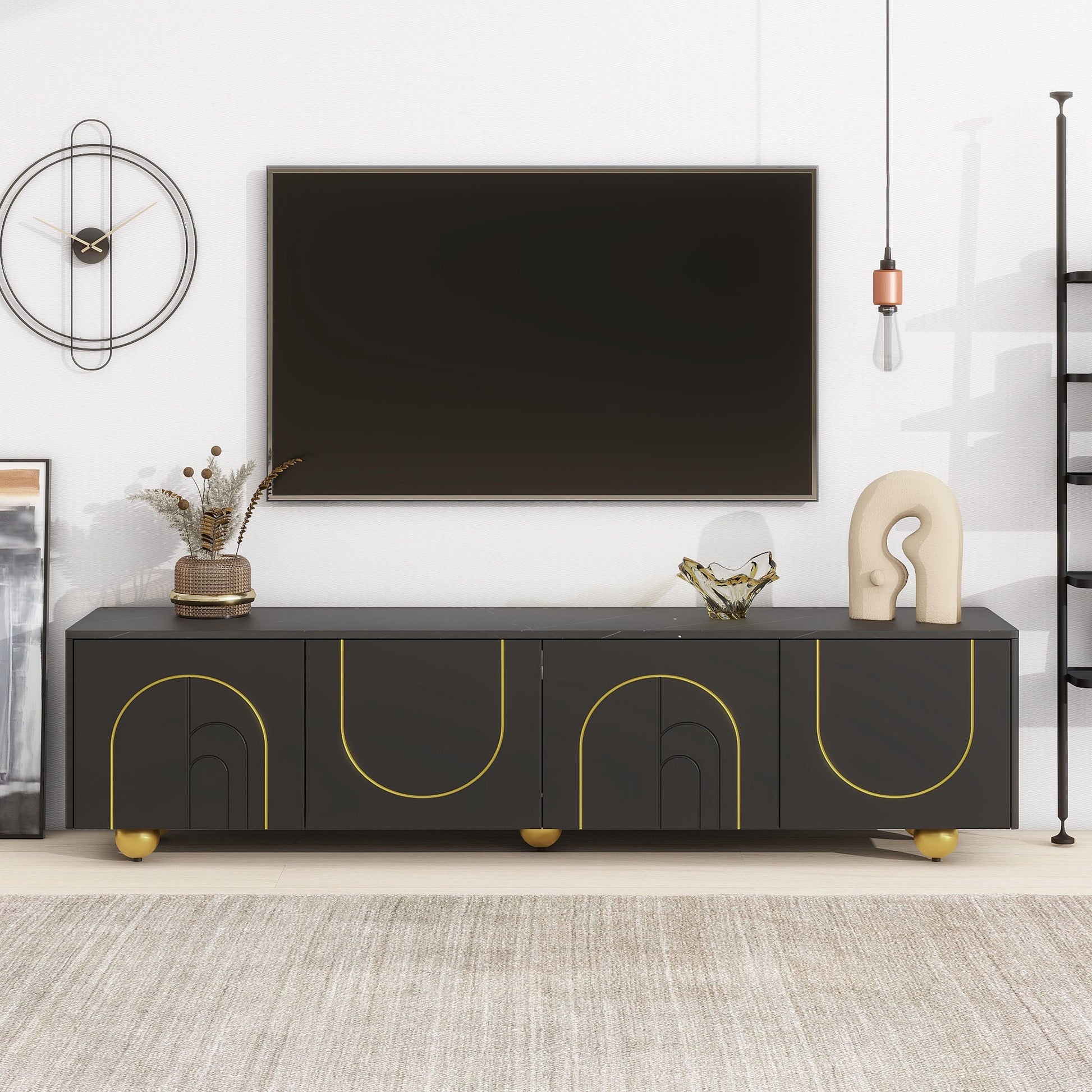U-Can modern TV stand is suitable for TVs under 75 inches and comes with a storage cabinet top marble pattern and circular stand - Korvel