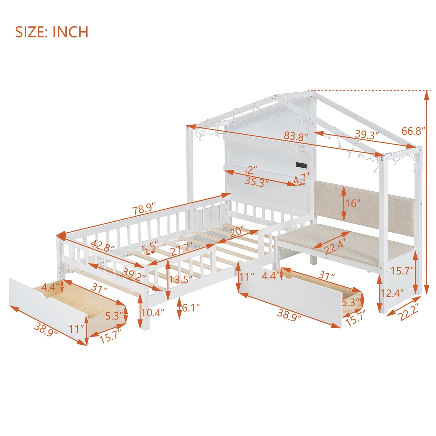 Twin Size House Bed with Upholstered Sofa and Charging Station