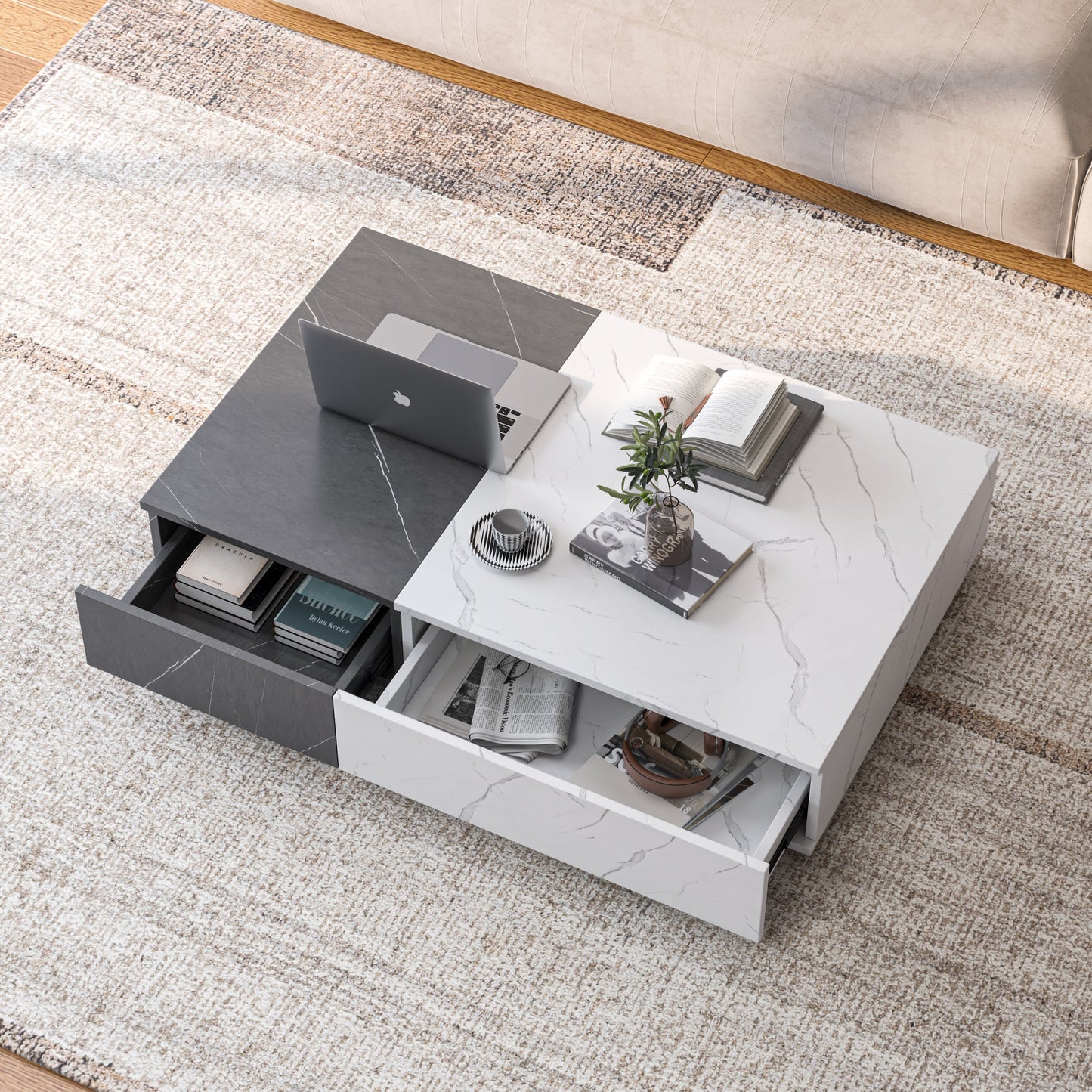 Modern style black and white coffee table with two storage spaces - Korvel
