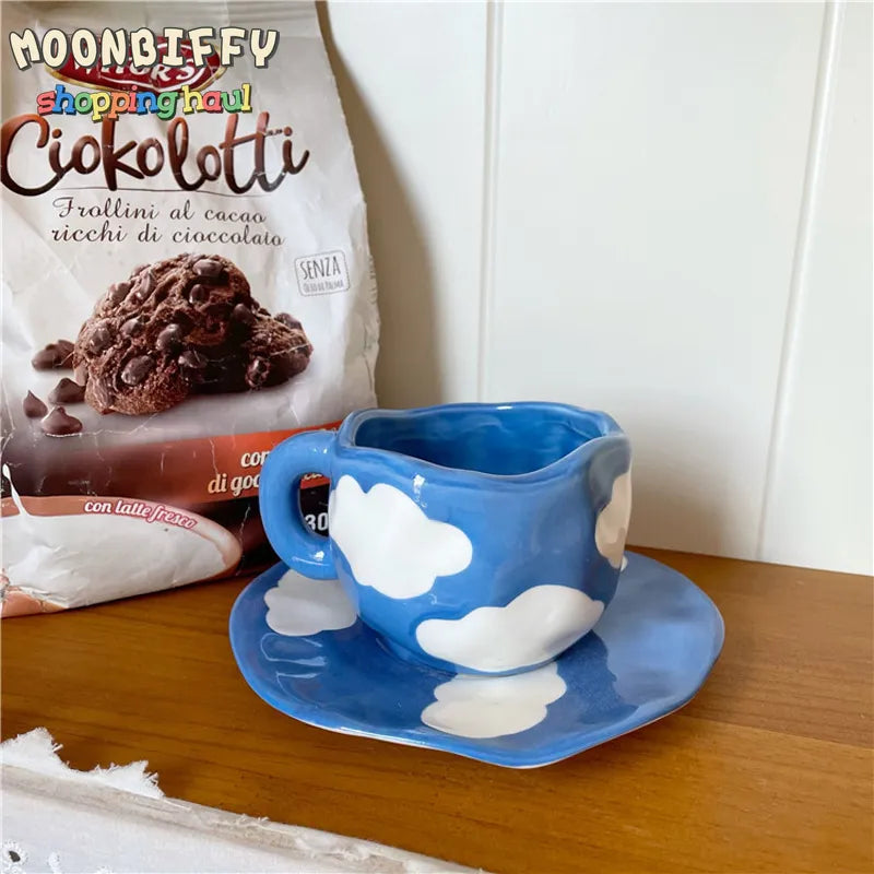 Hand Painted Blue Sky White Clouds Coffee Mug with Saucer Ceramic Handmade Tea Cup Saucer Set Lovely Gift Irregular Coffee Mug - Korvel