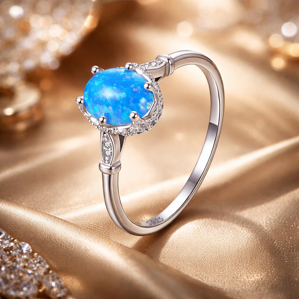 925 Sterling Silver Opal Engagement Ring with White Gold Plating
