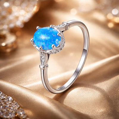 925 Sterling Silver Opal Engagement Ring with White Gold Plating