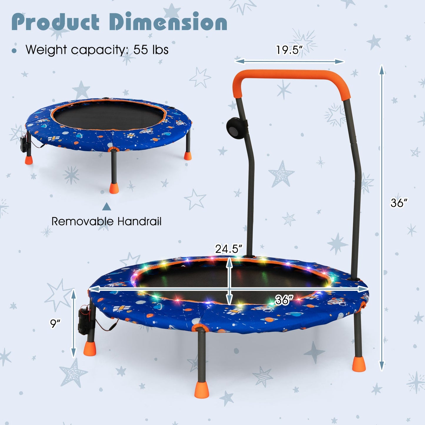 36 Inch Mini Trampoline with LED Lights & Bluetooth Speaker - Blue
