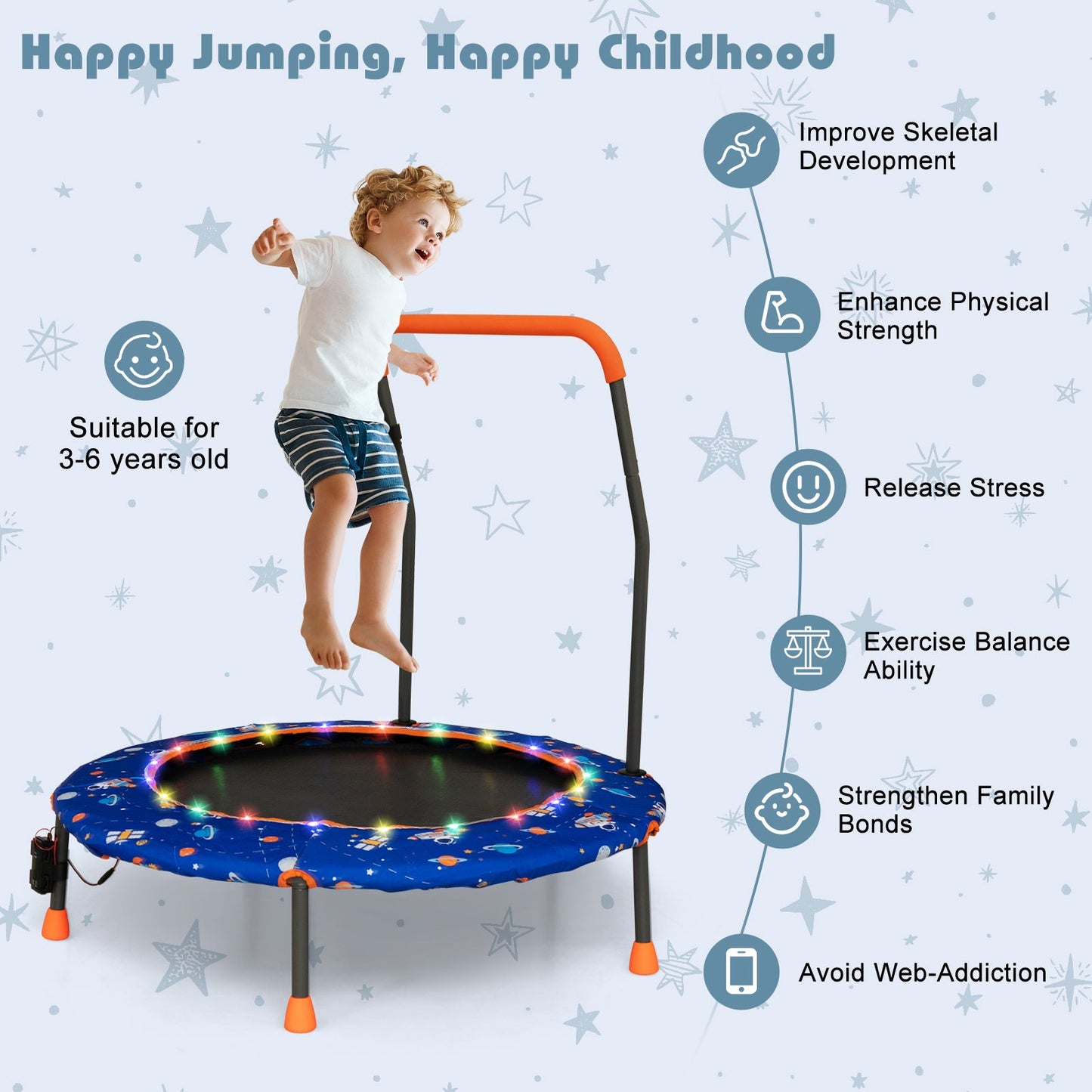 36 Inch Mini Trampoline with LED Lights & Bluetooth Speaker - Blue