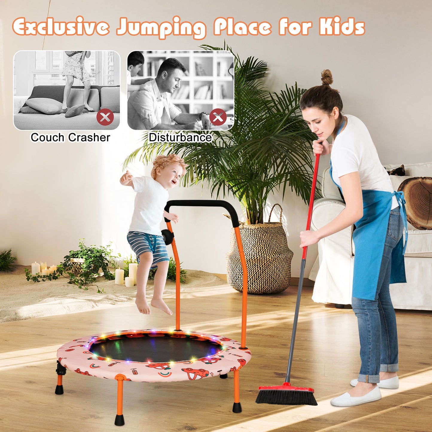 Trampolín Mini de 36 Pulgadas con Luces LED y Altavoz Bluetooth - Naranja