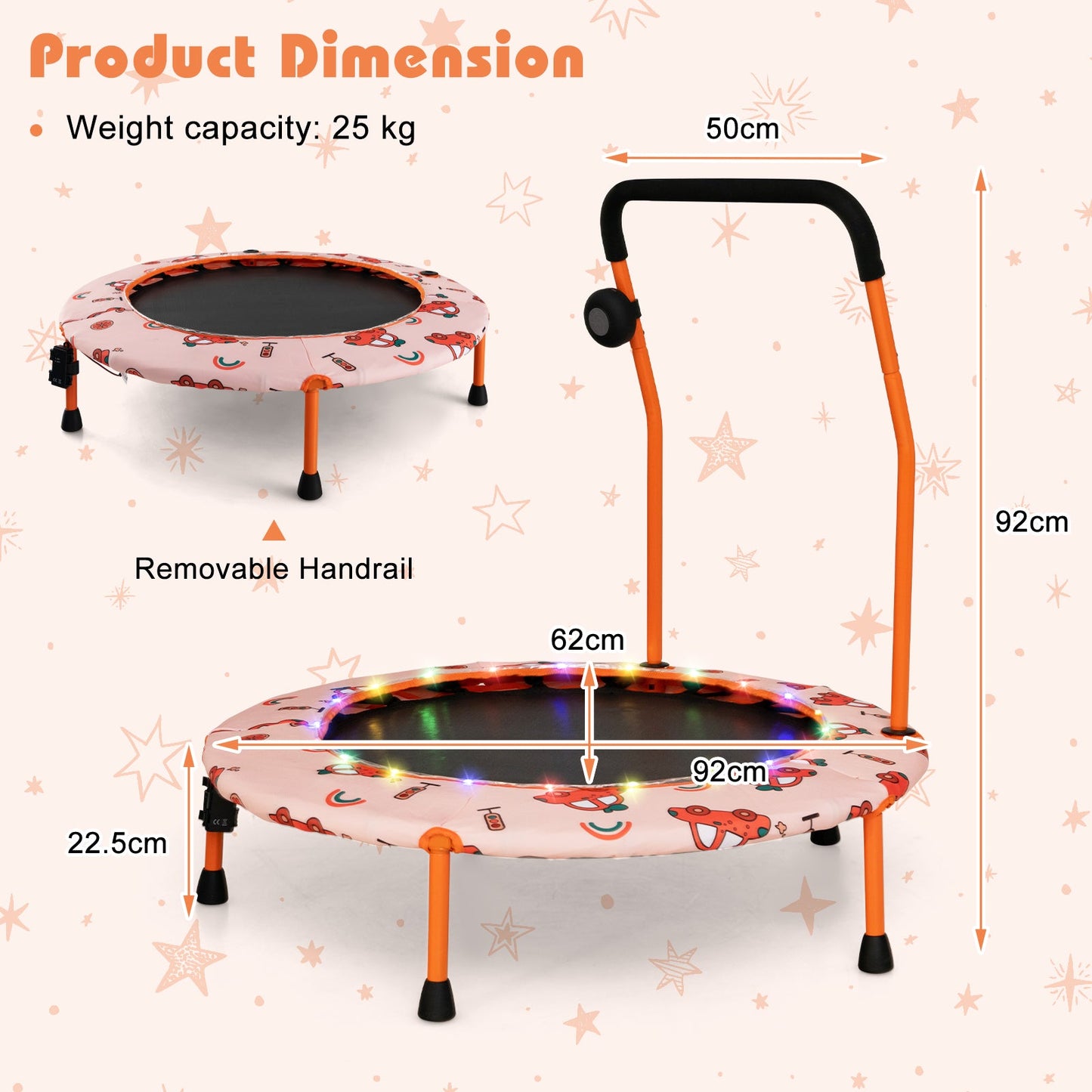 Trampolín Mini de 36 Pulgadas con Luces LED y Altavoz Bluetooth - Naranja