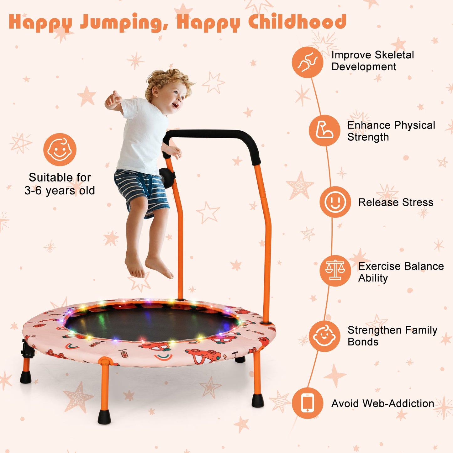 Trampolín Mini de 36 Pulgadas con Luces LED y Altavoz Bluetooth - Naranja