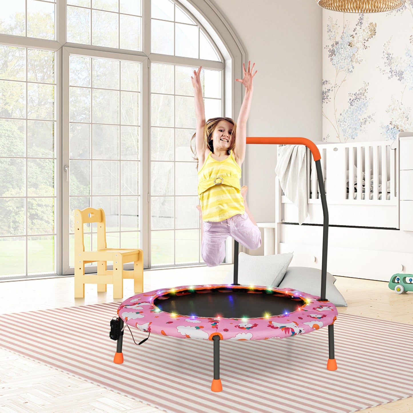 Trampolín Mini de 36 Pulgadas con Luces LED y Altavoz Bluetooth - Rosa