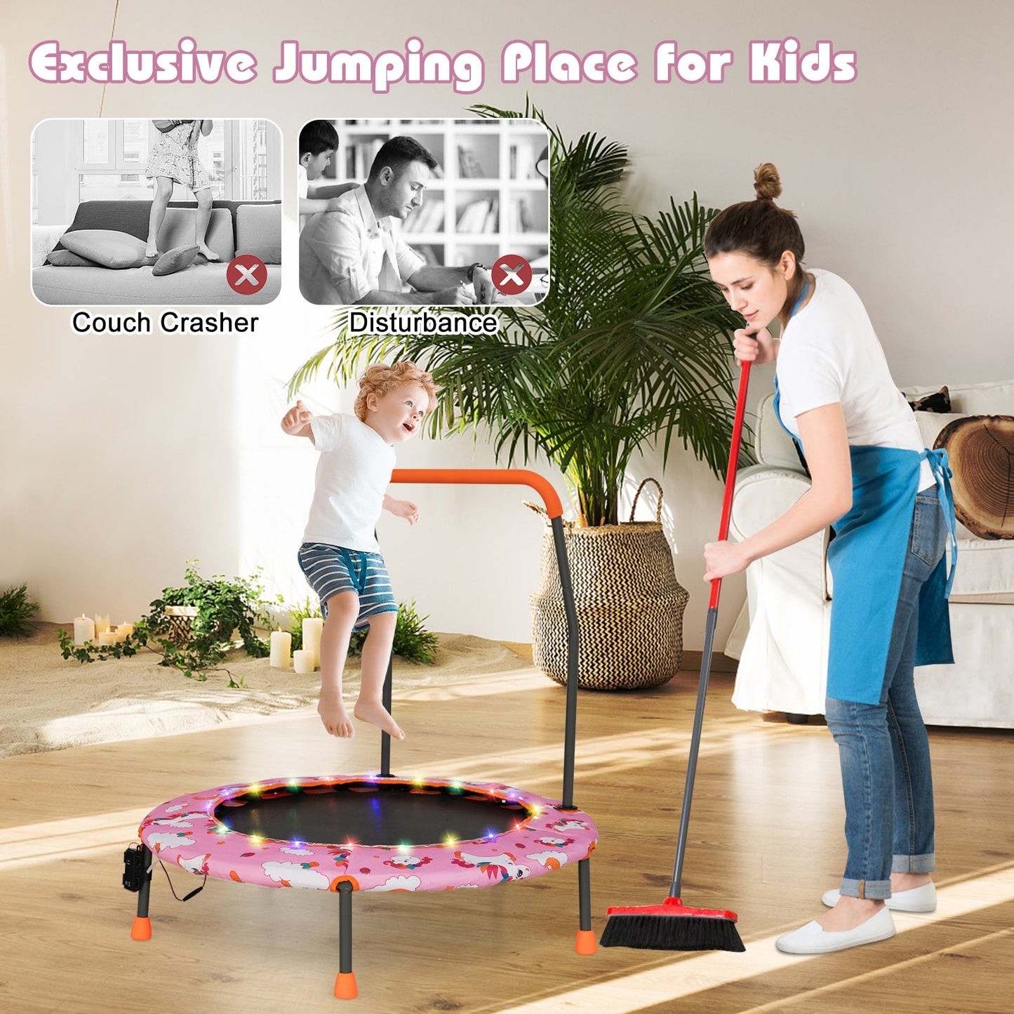 Trampolín Mini de 36 Pulgadas con Luces LED y Altavoz Bluetooth - Rosa