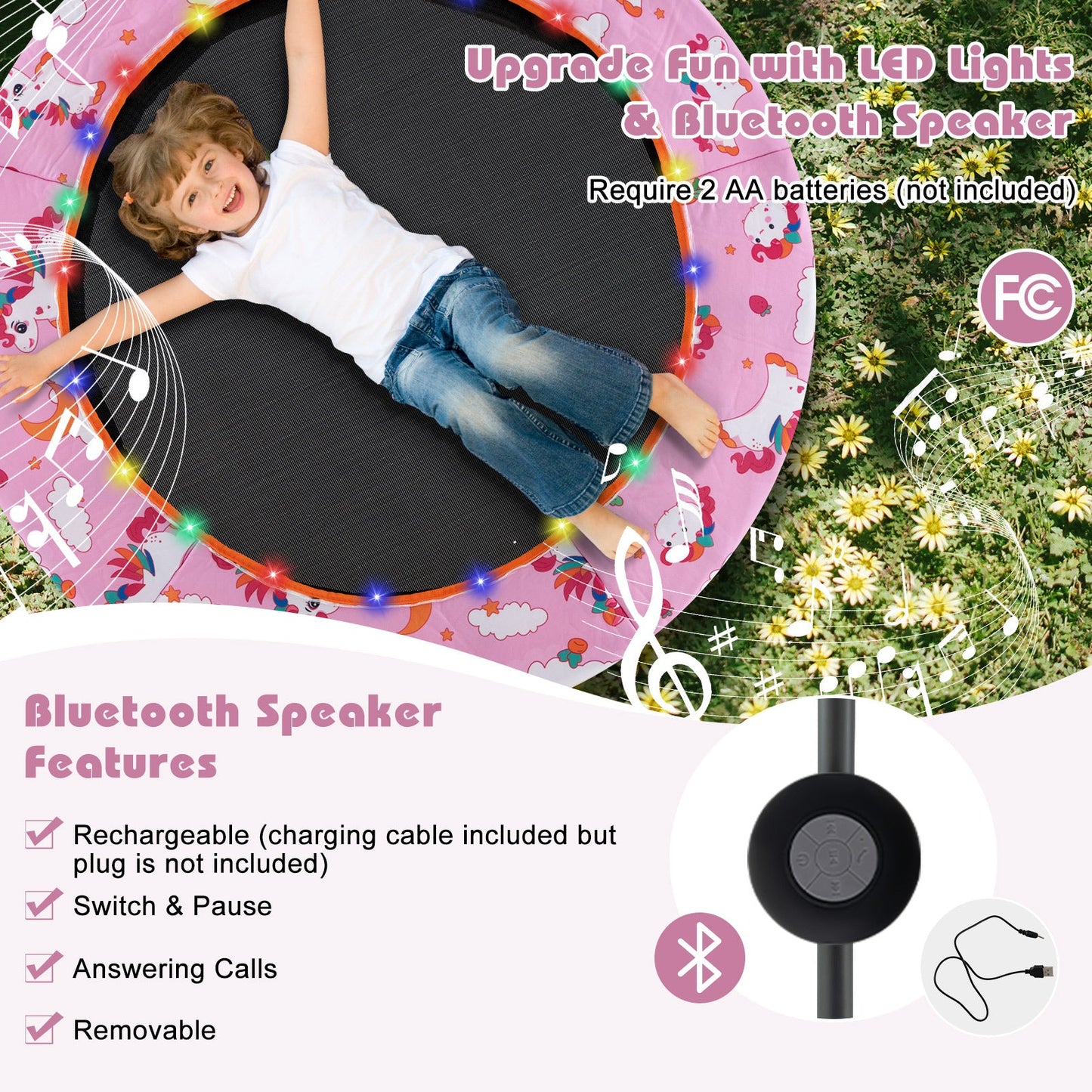Trampolín Mini de 36 Pulgadas con Luces LED y Altavoz Bluetooth - Rosa