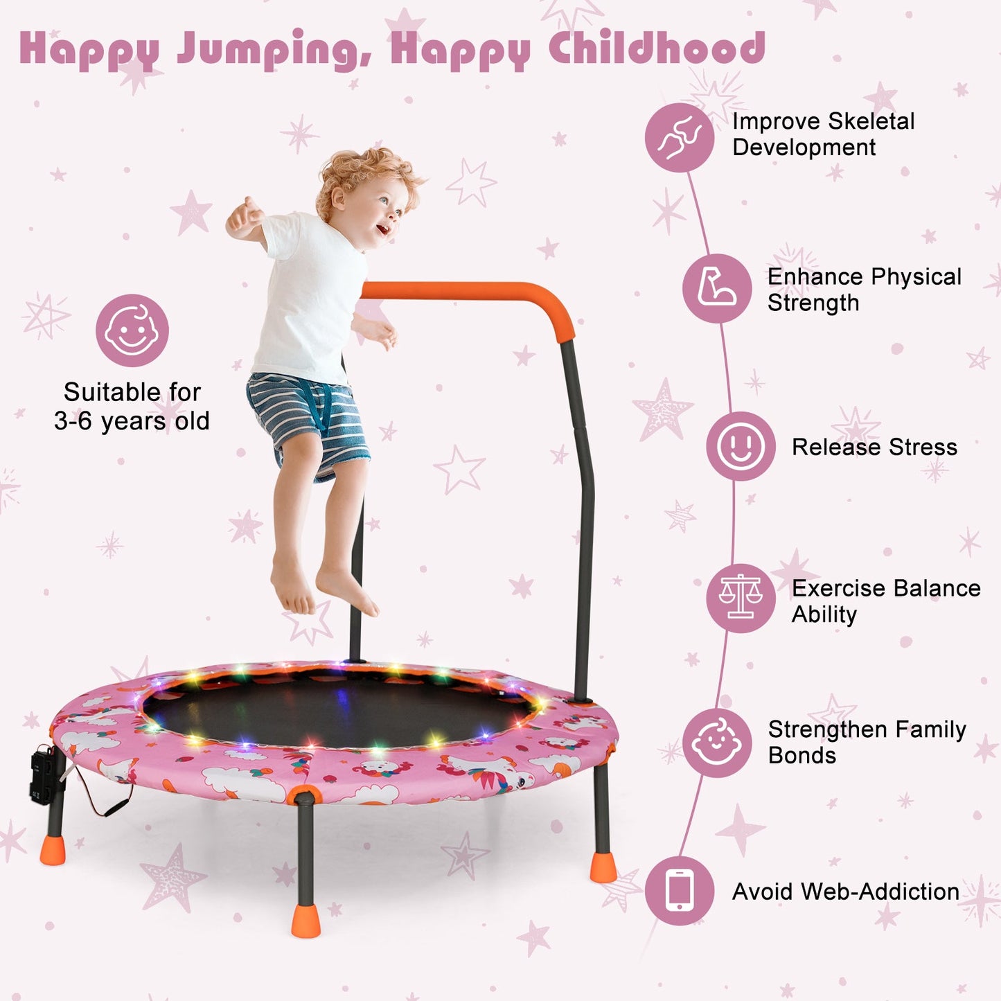 Trampolín Mini de 36 Pulgadas con Luces LED y Altavoz Bluetooth - Rosa