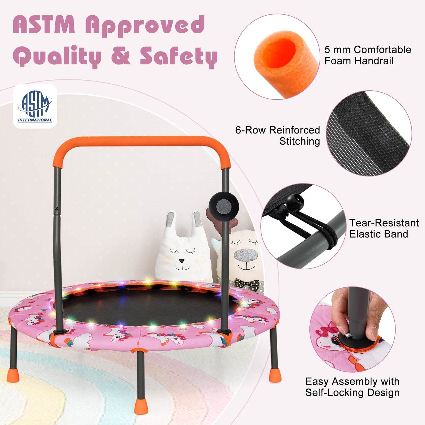 Trampolín Mini de 36 Pulgadas con Luces LED y Altavoz Bluetooth - Rosa