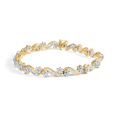 10k Yellow Gold Floral Link Bracelet with 3.00 Cttw Diamonds