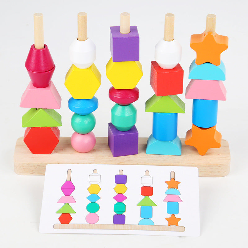 Wooden children's puzzle bead toys with five sets of column colors, sensory enlightenment, shape perception, and building block toys - Korvel