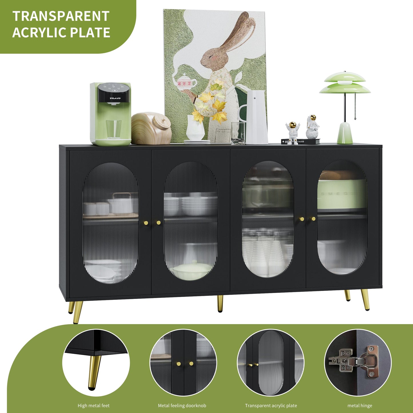 Modern Accent Sideboard Cabinet with Acrylic Doors, Freestanding Storage Cupboard Console Table for Kitchen Dining Black - Korvel